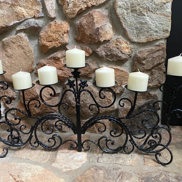 Handmade Wrought Iron Candelabra 7 Candle holders pricket style for column candles. Great for your fireplace hearth or tabletop