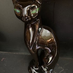 Black Ceramic Cat Statue Jade Green Eyes 11.5 inch tall