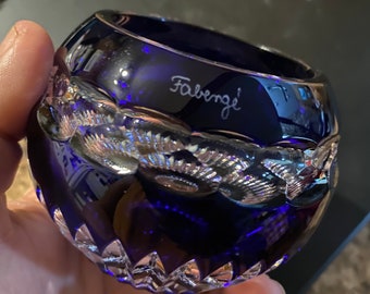 Nadya by Faberge Rose Bowl Cobalt Blue Glass Cut to Clear Signed