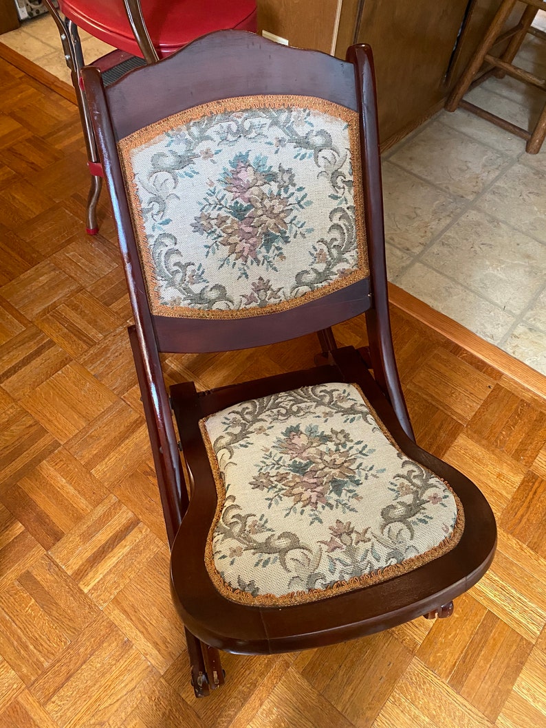 Small Folding Wooden Rocking Chair Crewel Cushions Floral Tapestry