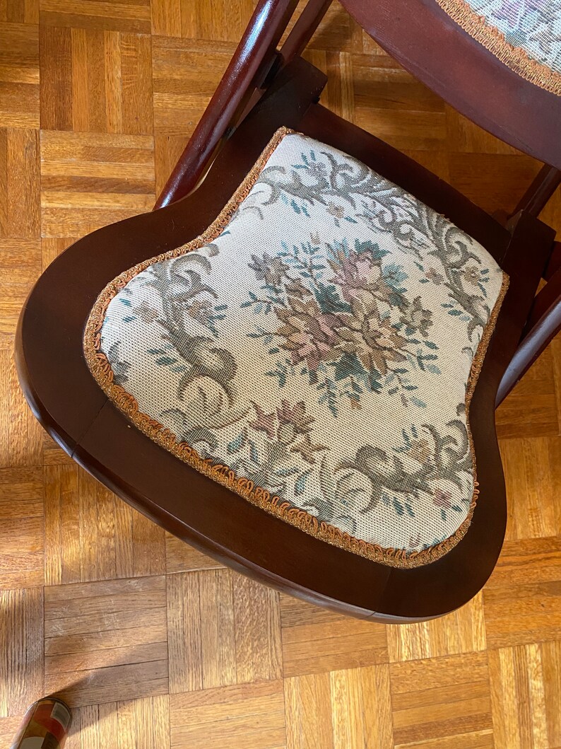 Small Folding Wooden Rocking Chair Crewel Cushions Floral Tapestry