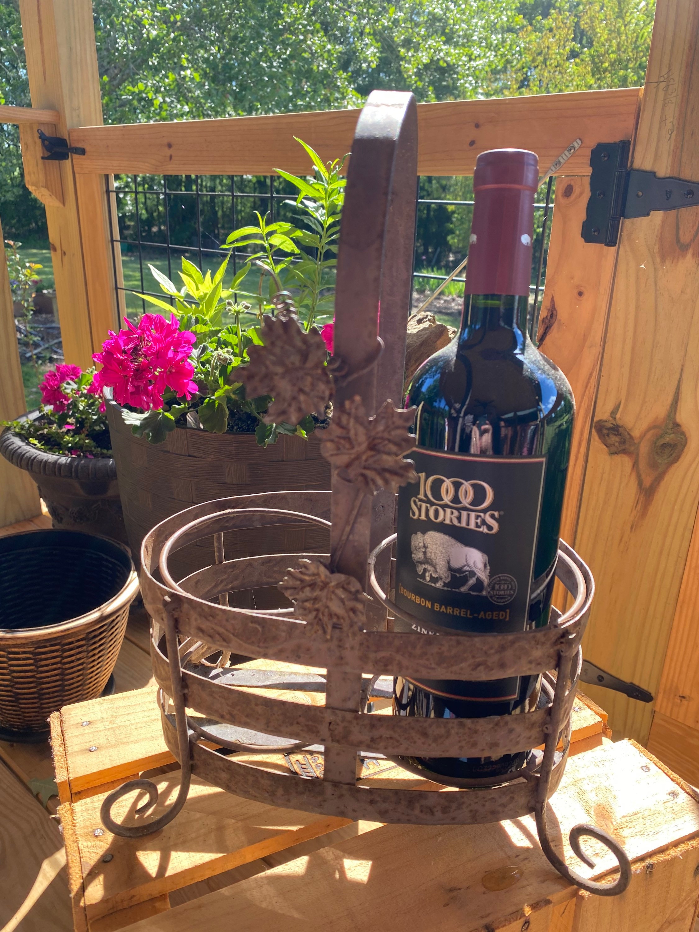 Rustic Wire Basket Footed W Handle. Metal Wine Carrier Plant Holder ...