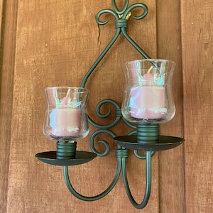 Party Lite Black Wrought Iron Candle Holders Wall Sconces with Glass Votive Cups Set of 2 Candles not included.