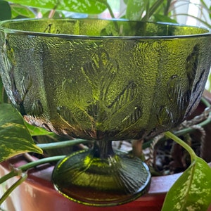 FTD Olive Green Glass Compote/Footed Bowl 1975 Oak Leaf Pattern Gorgeous for St. Patrick’s Day!