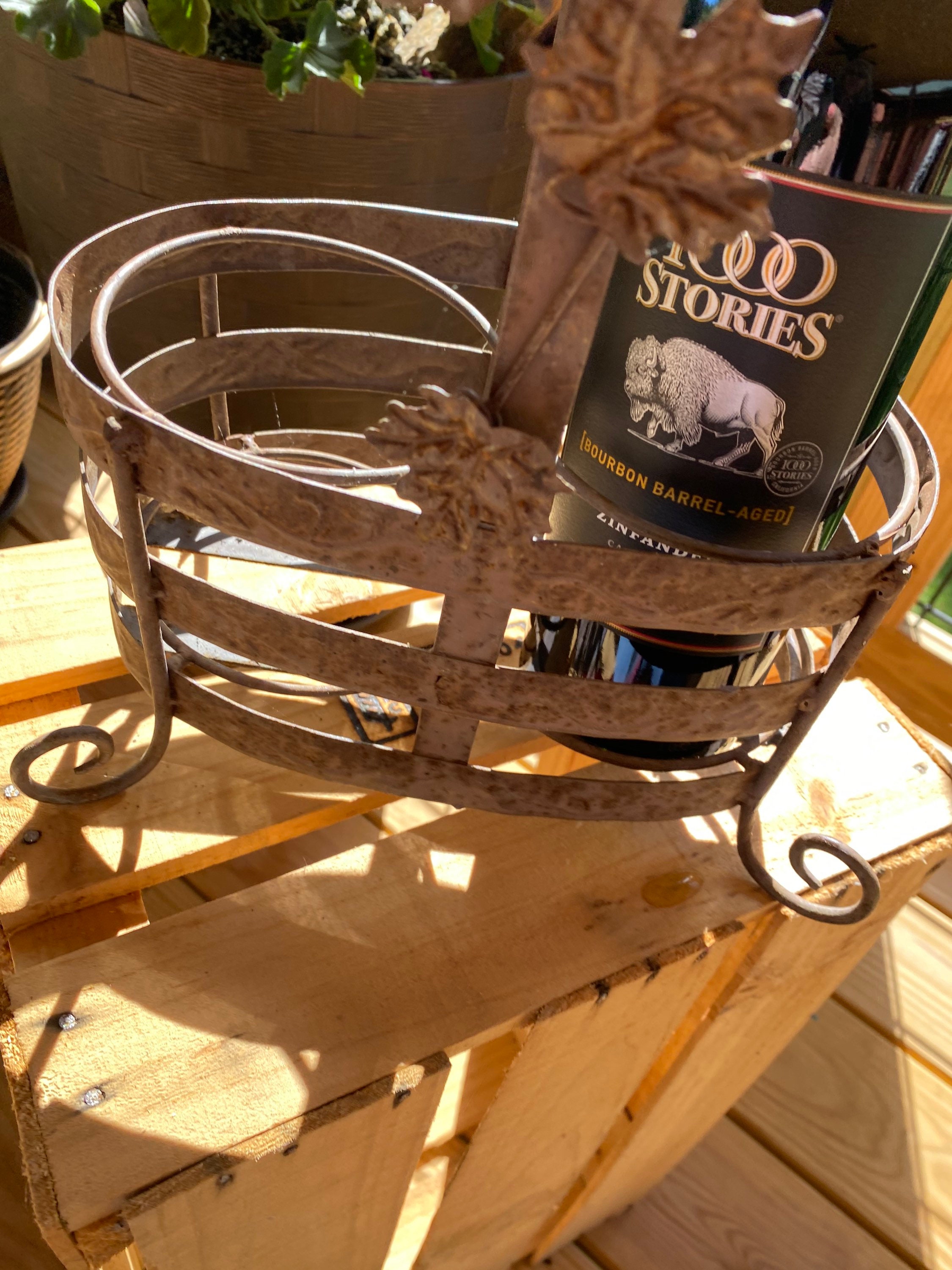 Rustic Wire Basket Footed W Handle. Metal Wine Carrier Plant Holder ...