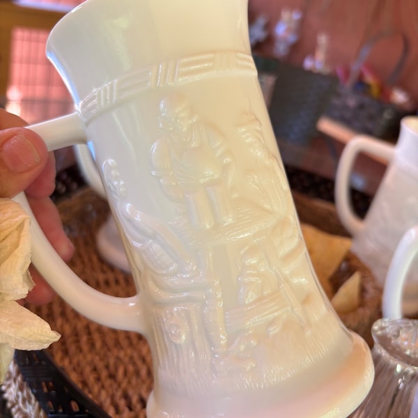 Federal Milk Glass Vintage Tankards Tall Pressed Glass w Handles Men Drinking in Tavern Beer Mugs Steins Set of 4
