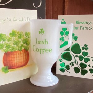 Vintage St Patrick Day Irish Coffee Footed Mugs Milk Glass Pedestal Mugs Set of 3