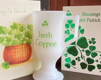 Vintage St Patrick Day Irish Coffee Footed Mugs Milk Glass Pedestal Mugs Set of 3