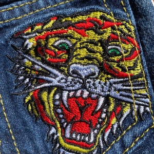 Rare Ed Hardy Tiger Embroidered Jeans Toddler Dark Blue Y2K Tiger Patch Embroidered Back Pocket Tiger Head Button Snap 24 Month Signature