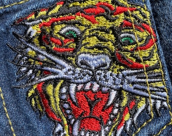 Ed Hardy Tiger Embroidered Jeans Dark Blue Y2K Tiger Patch Embroidered Back Pocket Tiger Head Button Snap 24 Mo Royal Blue Ed HardySignature