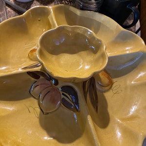 Los Angeles Potteries 5 Section Yellow Serving Tray Embossed Peaches and Grapes 1965 #28