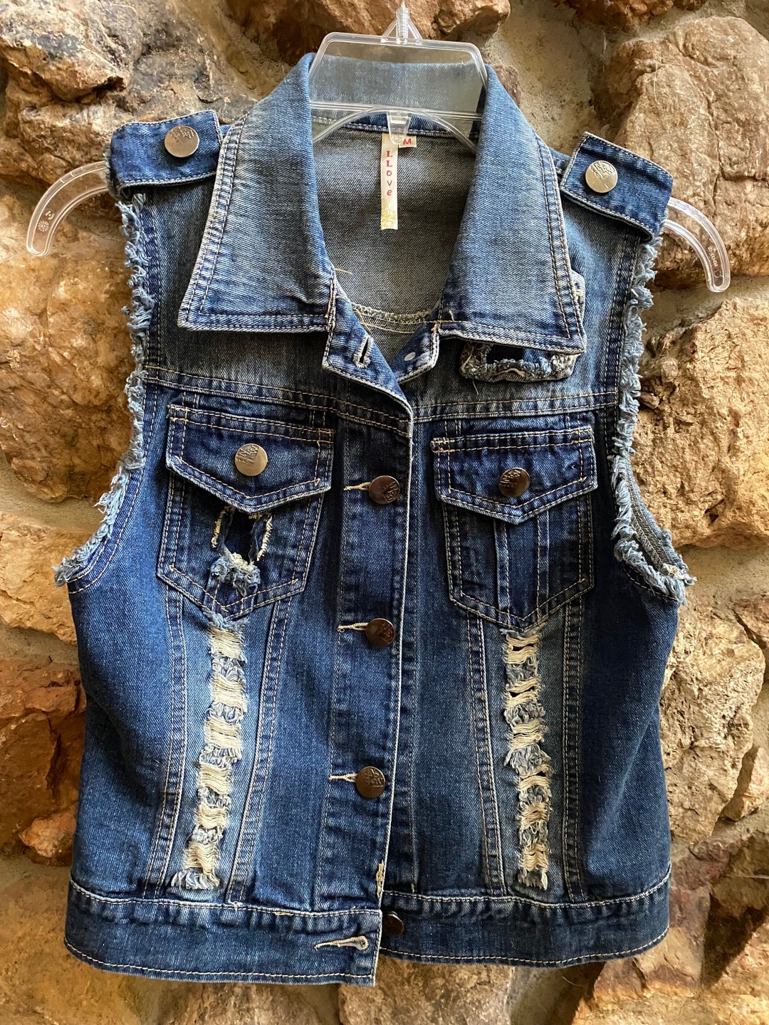 Llove Distressed Denim Vest Size M Vintage Faded Blue W Fringe Edges Youth or Ladies Size Runs Small. Etsy Canada