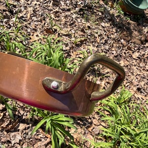 Può includere: Una casseruola color rame con un manico in ottone. Il manico è curvo e fissato alla casseruola con un rivetto. La casseruola è posta su uno sfondo di erba verde e foglie cadute.