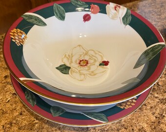 Tienshan Magnolia Serving Bowl White with Gold Rim Cranberry Maroon and Green Stripes Pinecone Christmas