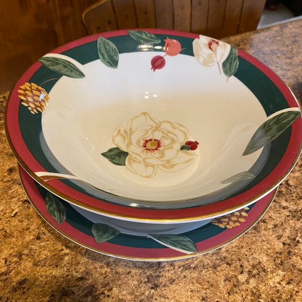 Tienshan Magnolia Serving Bowl White with Gold Rim Cranberry Maroon and Green Stripes Pinecone Christmas