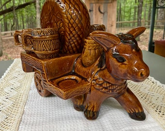 Brownware Ceramic Donkey and Cart Tequila Decanter Set w Salt Shaker and 4 Shot Glass Barrels w Handles 1960's Embossed Glazed Brownware Ceramic Donkey and Cart Tequila Decanter Set w Salt Shaker and 4 Shot Glass Barrels w Handles 1960's Embossed Glazed