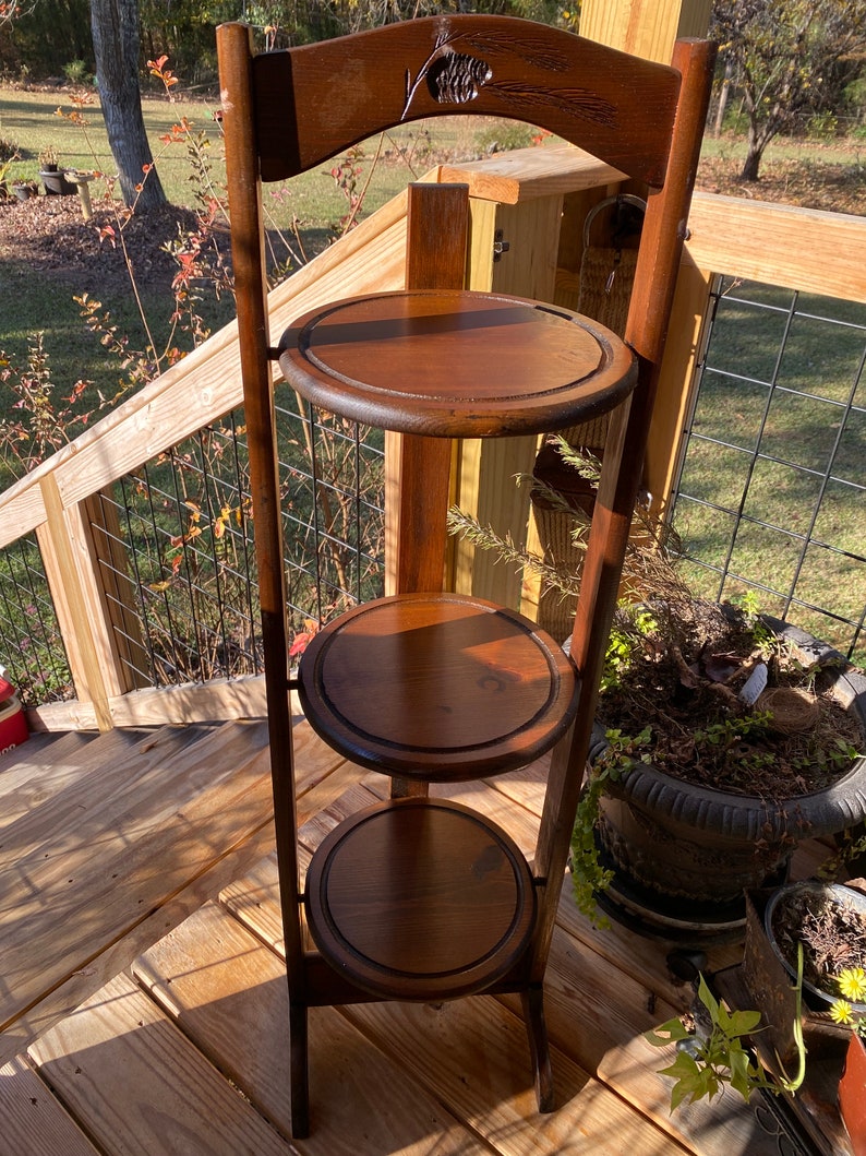 Wooden Pie Stand Vintage Knick Knack Plant Stand Three Tiered Folding