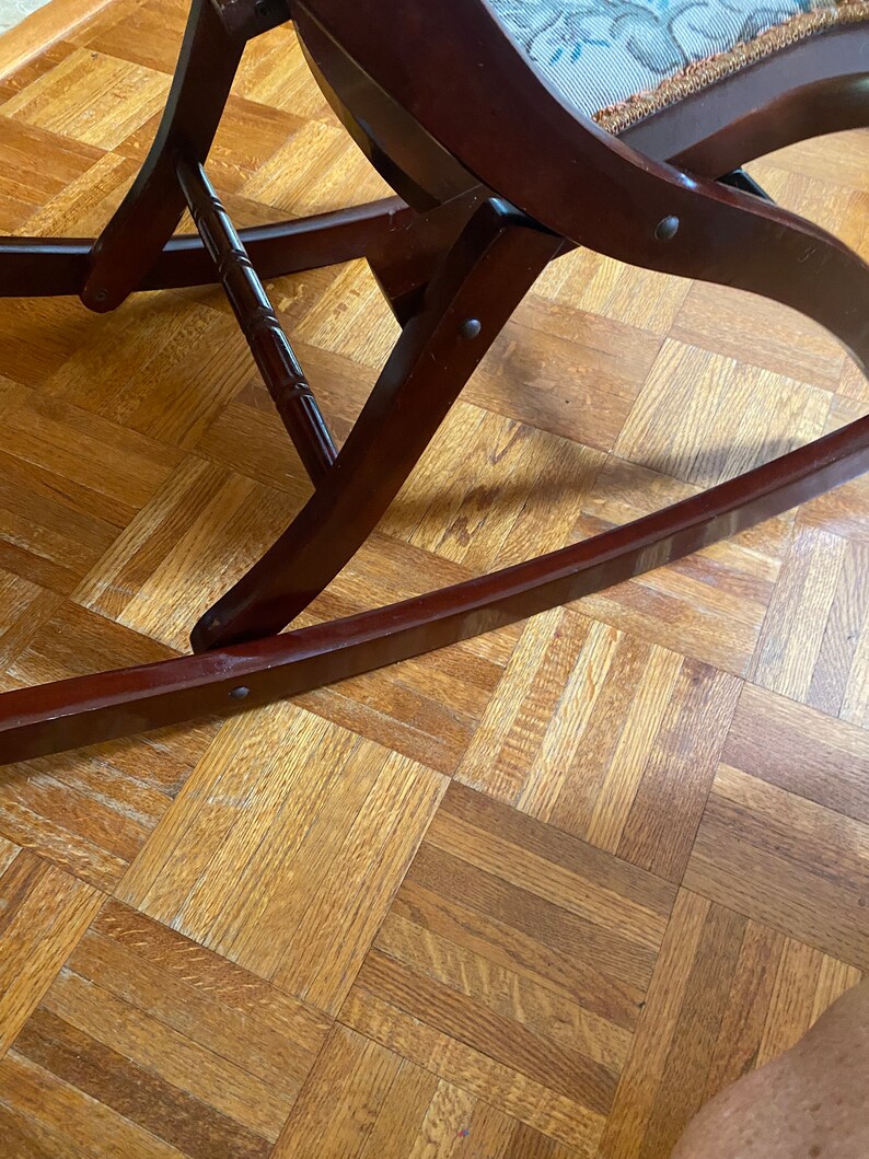 Small Folding Wooden Rocking Chair Crewel Cushions Floral Tapestry