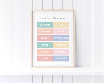 Poster dei mesi pastello dell'anno / Decorazione per aule Elementari / Decorazioni per aule prescolastiche / Arte murale educativa / Download istantaneo