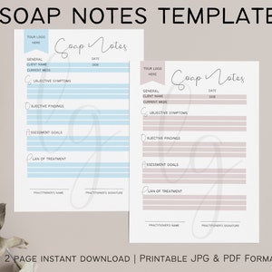 Könnte beinhalten: Zwei druckbare SOAP-Notizvorlagen in einem hellblauen und rosafarbenen Farbschema. Jede Vorlage enthält Abschnitte für allgemeine Informationen, subjektive Symptome, objektive Befunde, Beurteilungsziele und Behandlungsplan. Der Text "SOAP Notes Template" befindet sich oben im Bild.