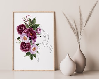 Moderne minimalistische vrouwelijke lijntekening | Bloemen vrouw afdrukken | Vrouw met bloemenkopprint | Lijn kunst aan de muur schets | Digitaal downloaden