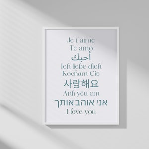 May include: A white framed print with the phrase "I love you" written in multiple languages, including English, French, Spanish, German, Korean, Arabic, and Hebrew.