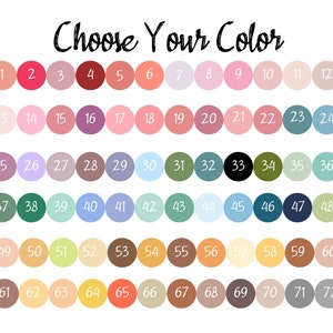 May include: A color chart with 72 different colors, numbered 1 through 72. The colors are arranged in rows of 12, with each color represented by a circle.