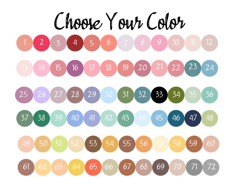 May include: A color chart with 72 different colors, numbered 1 through 72. The colors are arranged in rows of 12, with each color represented by a circle.