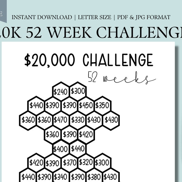 20K 52 Week Savings Challenge | 20,000 Saving Challenges | 20K Money Challenge | Savings Tracker | 52 Week Challenge | Instant Download