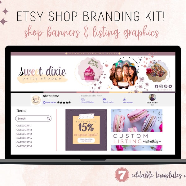 Etsy Shop Branding Kit,  Etsy Shop Kit, Branding Kit, Etsy Shop Bundle, DIY Canva Template, Party Theme, Colorful Etsy Shop Kit