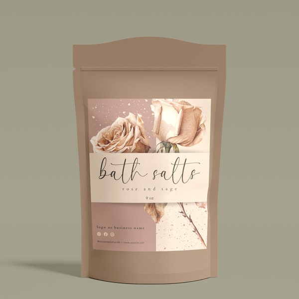 Romantic Bath Salts Label Template, Product Pouch Template, Floral Style Label Templates, Editable Bath Product Template, 3 Sizes