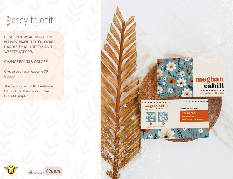 Pretty Business Card Template, Printable Business Card, QR Code