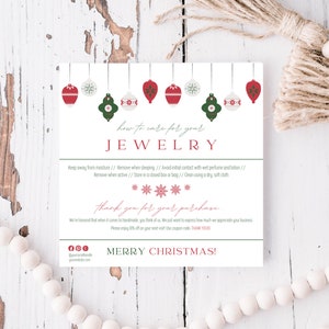 Modelo de cartão de cuidados com joias para festas, cartão de cuidados com joias editável, marca elegante para festas, cartão de cuidados com joias, marca de Natal