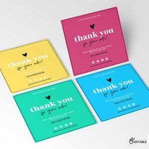 May include: Four square thank you cards with different colored backgrounds. The cards are yellow, pink, blue, and turquoise. Each card has a black heart, the text "thank you for your order!" in white, and the text "THANKYOU10" in black. The cards also include social media icons.