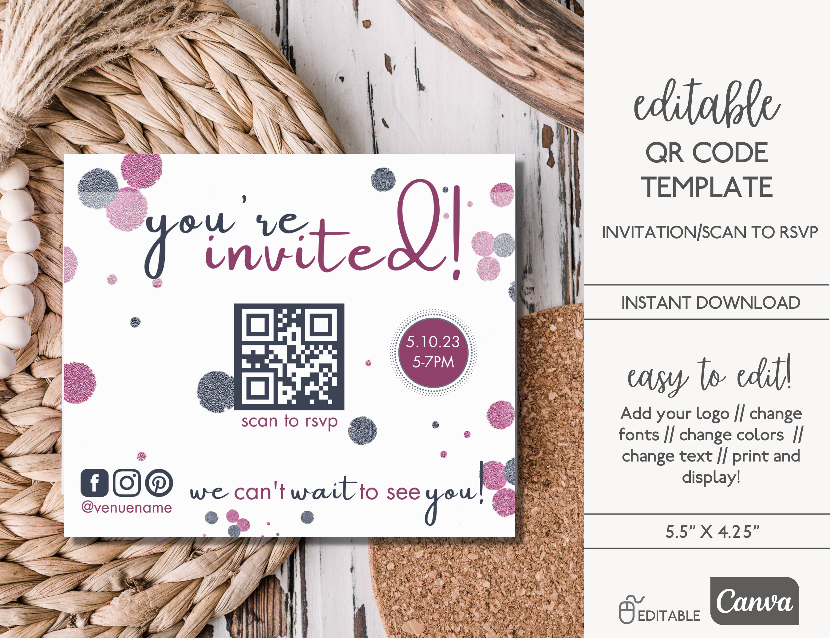 Editable qr code postcard invitation qr code sign template canva