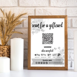 Numérisation modifiable pour panneau d'achat de carte-cadeau, panneau de code QR personnalisé, panneau d'achat de carte-cadeau, modèle Canva, téléchargement immédiat, téléchargement numérique