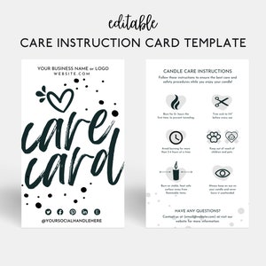 Bearbeitbare Kerzenpflegekarte, Pflegekarte für kleine Unternehmen, Kerzenpflegekarte, Kerzenpflegekartenvorlage, Canva-Vorlage, sofortiger Download