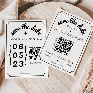 Modelo de código QR, modelo de evento artístico, download digital moderno, cartão, fácil de editar, inauguração, salve a data
