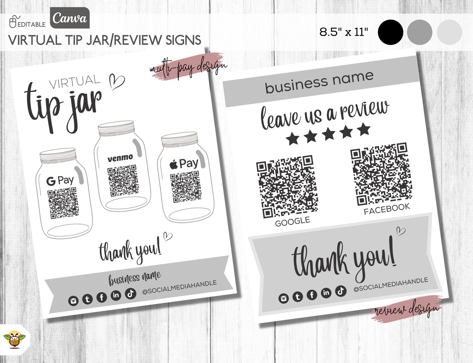 Editable Tip Jar Signs/review, TWO Designs Included, Custom QR Code Tip ...