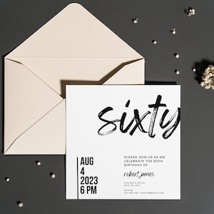 Editable Birthday Invitation Template, 60th Birthday Invitation Template, Black and White Birthday Party Invite, Canva Template