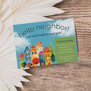 Welkom buur kaartsjabloon, leuke housewarming kaartsjabloon, canvas sjabloon, nieuwe buur-cadeaubon, kleurrijke welkomstkaartsjabloon