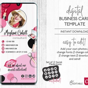 Digitale Visitenkarte, bearbeitbare digitale Visitenkarte, Visitenkarte Make-up-Berater, bearbeitbare Vorlage von Canva, DIY-Vorlage