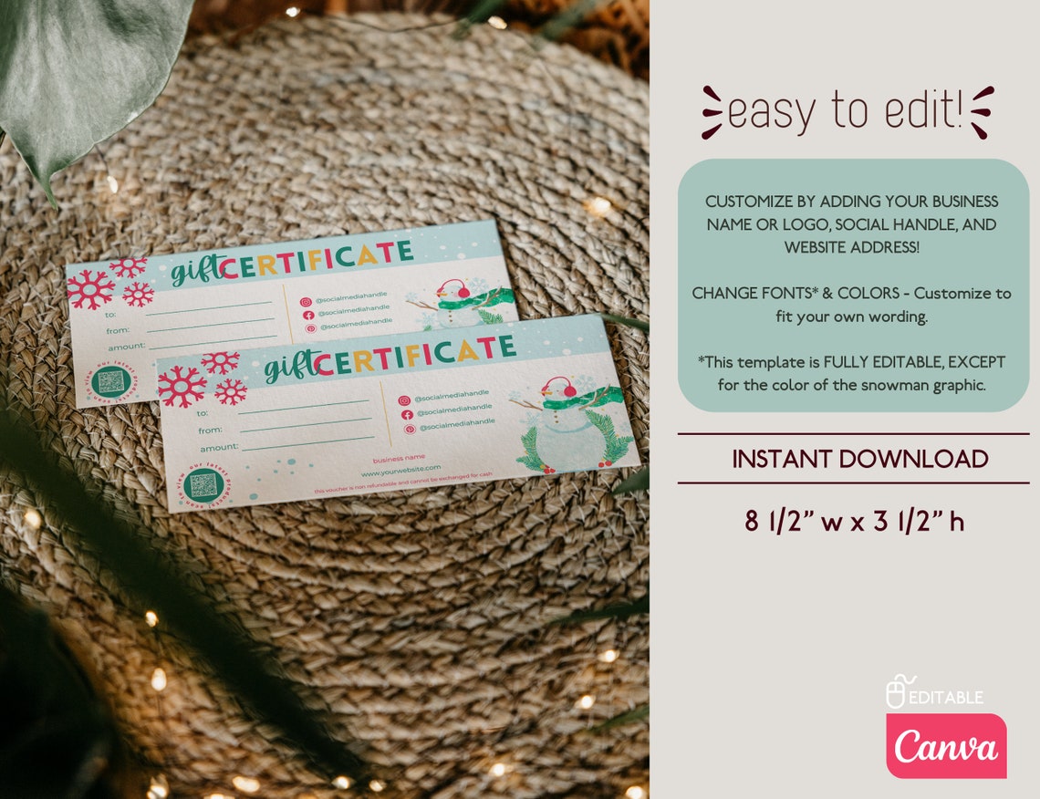 Holiday gift voucher template editable gift certificate template