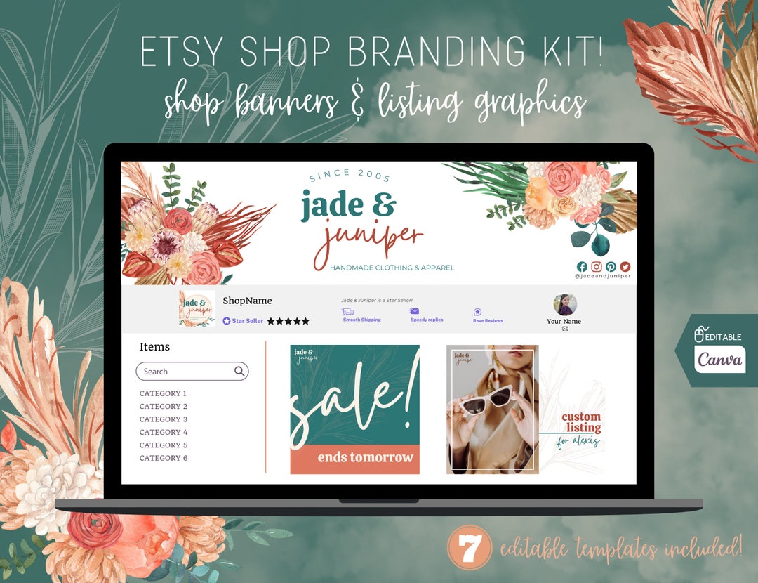 Boho Etsy Shop Branding Kit, Editable Canva Templates (digital Download ...