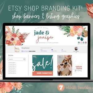 Boho Etsy Shop Branding Kit, Editable Etsy Branding Kit, Branding, Etsy Shop Graphic Bundle, Editable Canva Template, Boutique theme, Jade