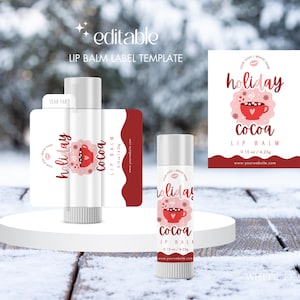 Szablon etykiety na balsam do ust Holiday, Opakowanie na balsam do ust, Szablon etykiety na pomadkę ochronną, W pełni edytowalny, 2 rozmiary, Etykieta na balsam do ust Holiday Cocoa