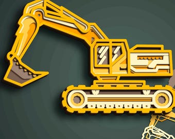 3D Excavator SVG/ Multilayer Cut File Cricut&Glowforge, , Layered Shadow Box, Construction machinery