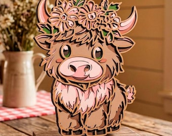3D Highland Cow SVG, Multilayer Cut File Cricut&Glowforge, Shadow Box, Laser cut