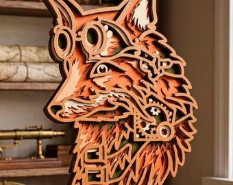 May include: A layered wooden fox sculpture with steampunk-inspired goggles and gears. The fox features shades of orange, brown, and cream, with intricate details and a three-legged stand. The artwork is displayed on a wooden surface.