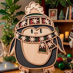 3D Penguin SVG: Christmas Decor, Multilayer Cut File Cricut&Glowforge, CNC, Layered Shadow Box